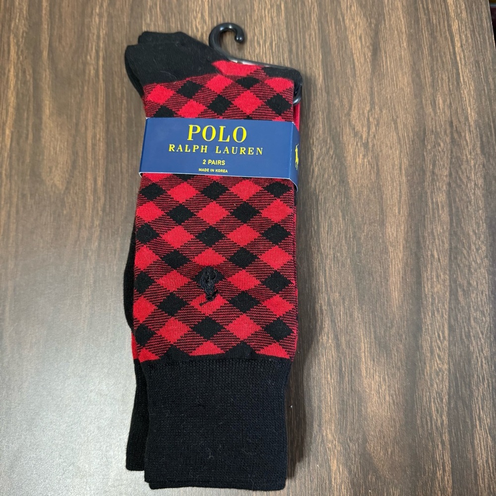 Polo Ralph Lauren Argyle Socks 2 Pairs Classic Preppy Red Black Shoe Size 6-12.5